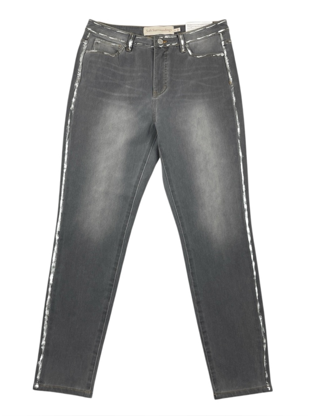 Soft Surroundings Women’s Jeans Size 8 Gray Foil Trim Skinny Ankle Stretch Denim